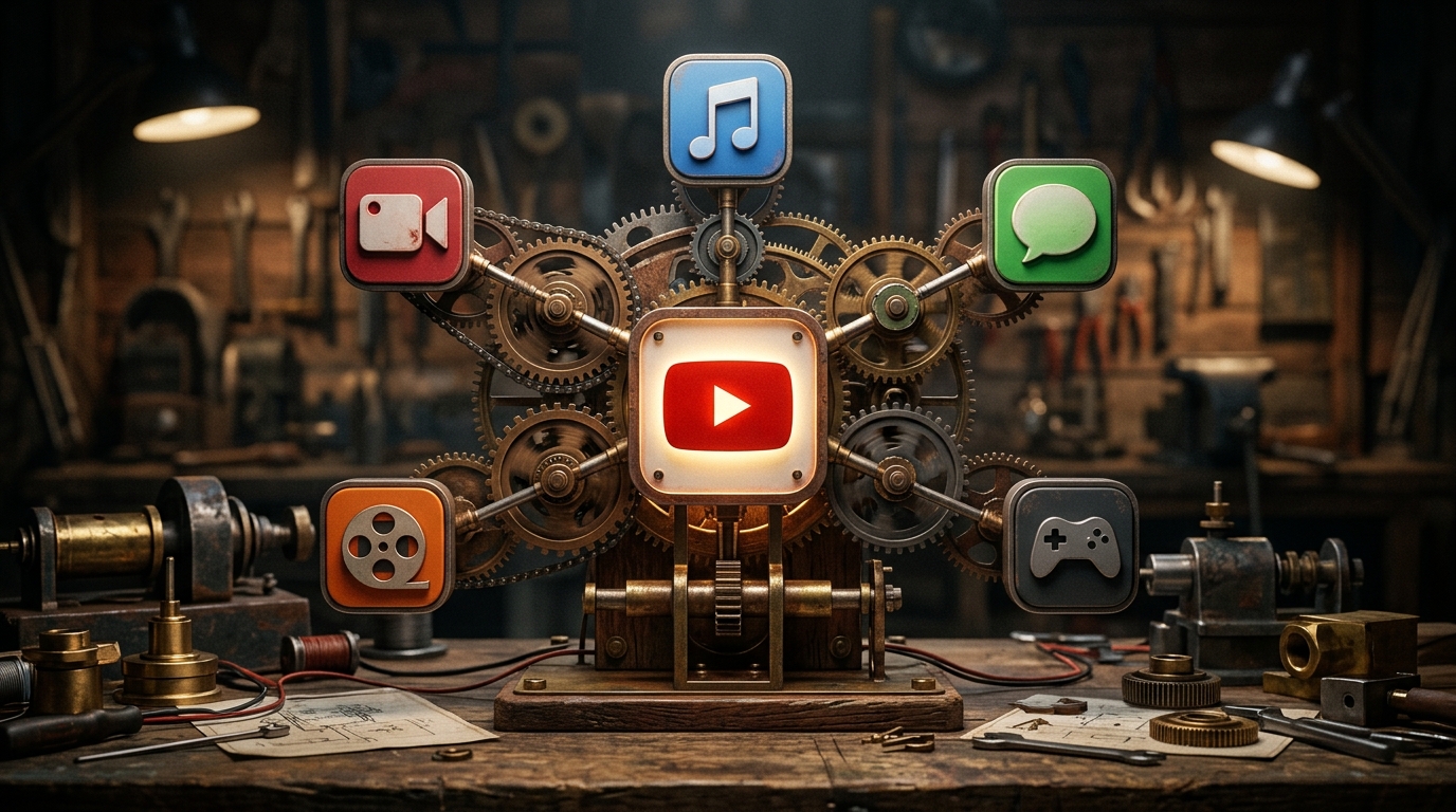 A conceptual diagram showing 5 different app icons connecting to the YouTube logo via gears.