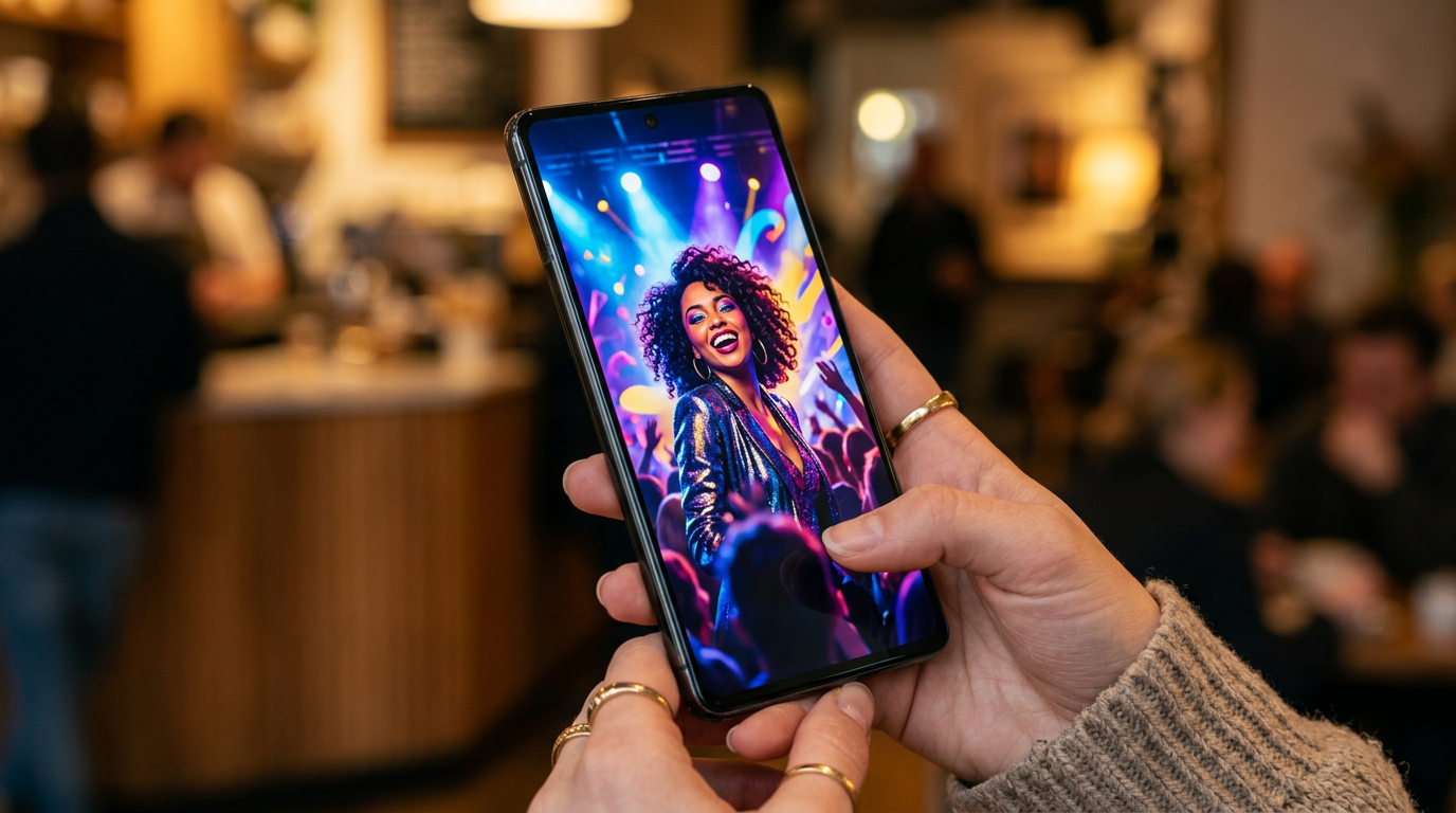 Close-up of a smartphone screen displaying a vibrant, eye-catching YouTube music video thumbnail.