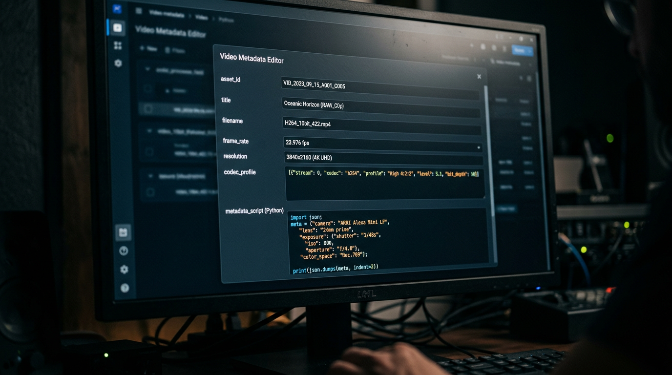 A close-up of a computer screen showing advanced video metadata fields being filled with code.