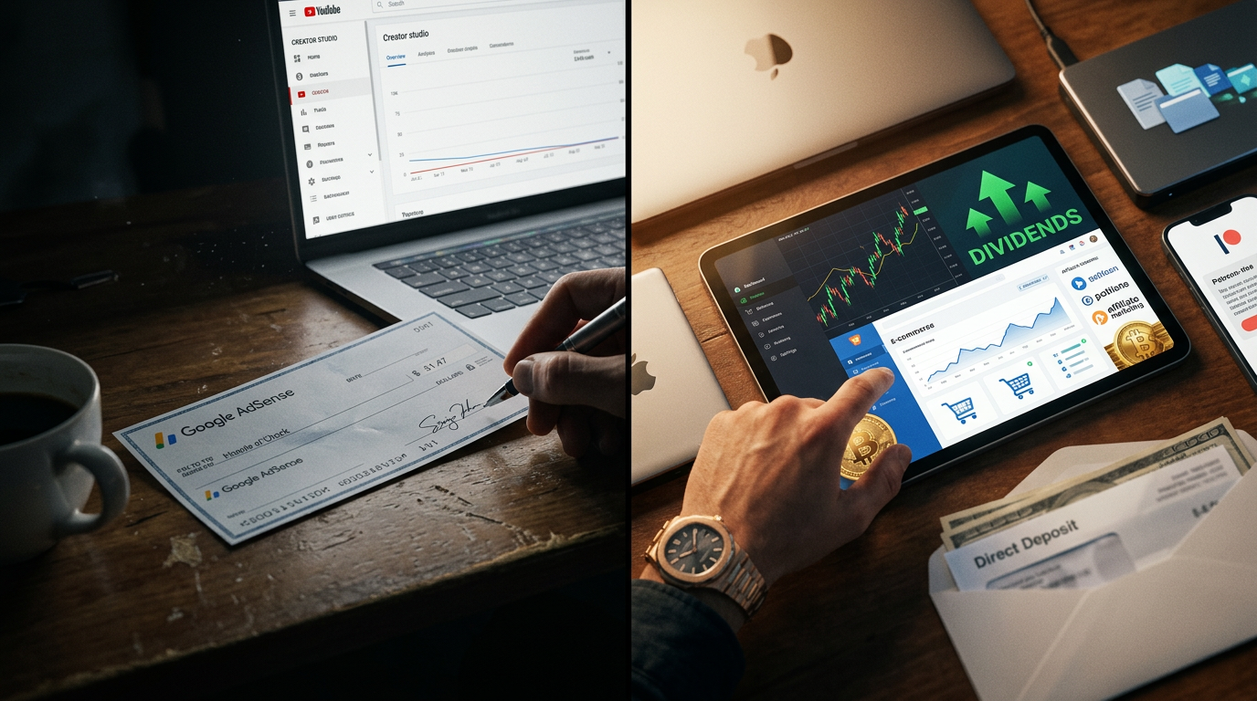 A split screen showing a low YouTube AdSense check versus multiple high-value digital income sources.