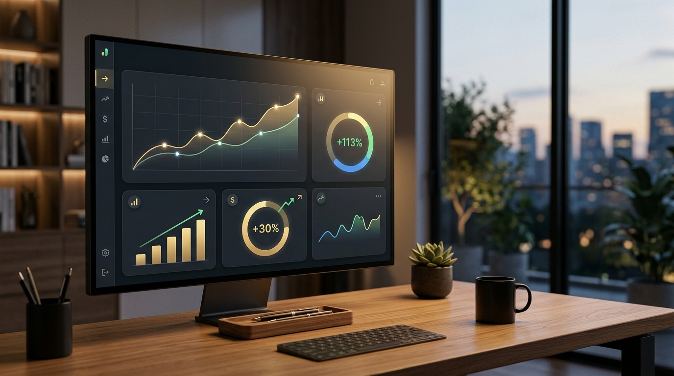 A clean minimalist dashboard showing rising passive income statistics and growth charts.