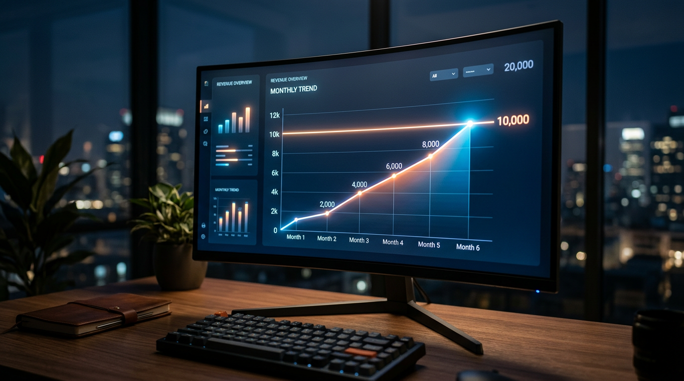A digital dashboard displaying a rising revenue graph hitting the ten thousand dollar monthly mark.