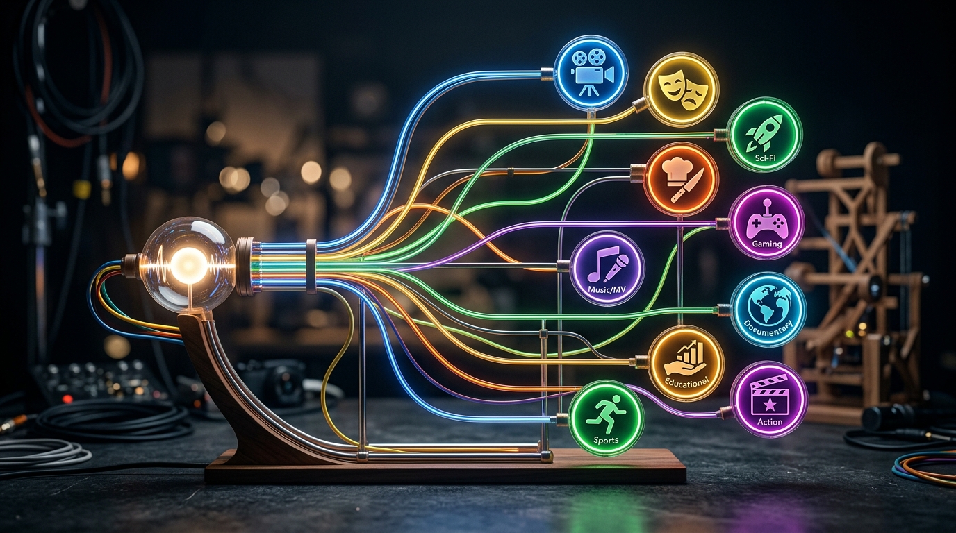 A clean, stylized flowchart showing one core idea branching into ten different colorful video icons.