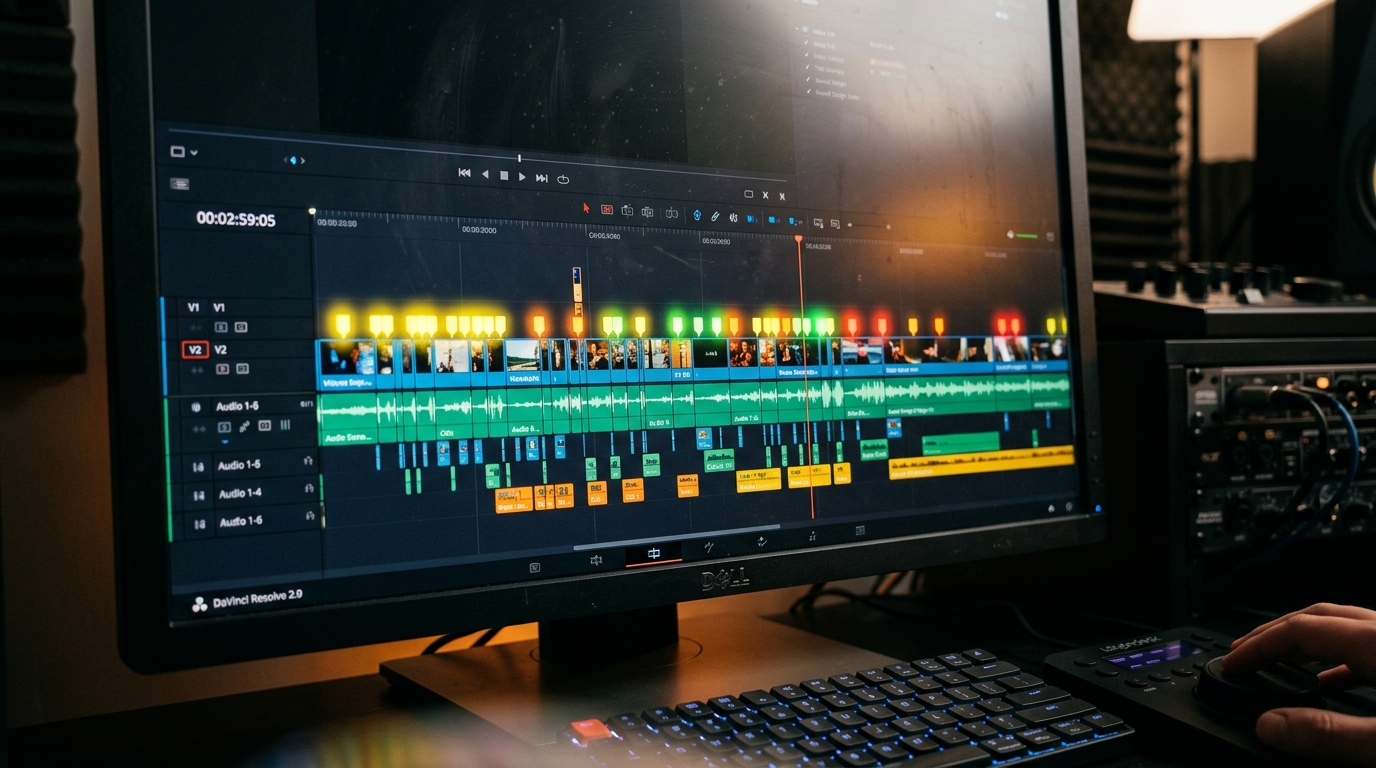 Close-up of a video editing timeline with bright markers indicating high-engagement pattern interrupts.