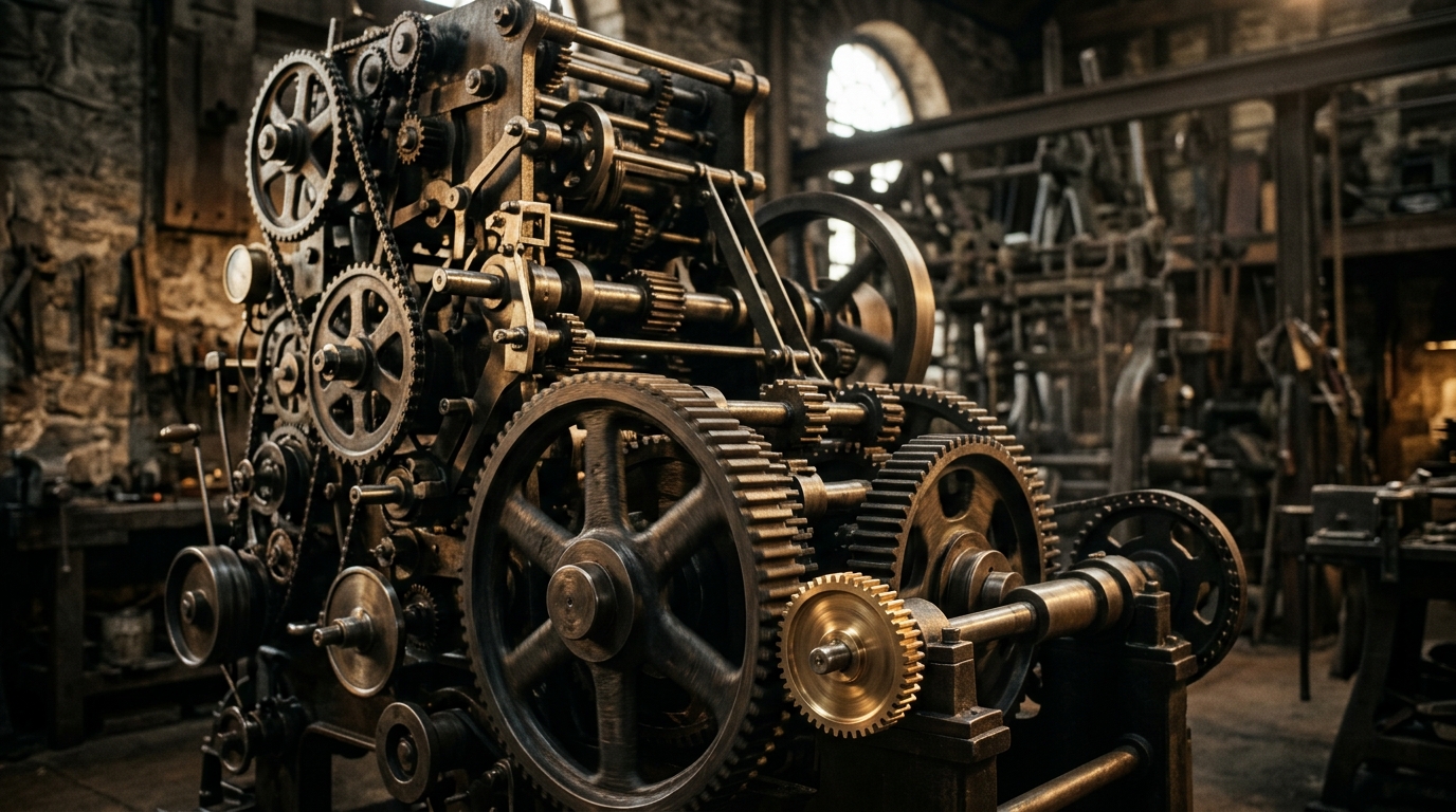 Conceptual diagram showing a single small gear turning a larger complex agency machine.