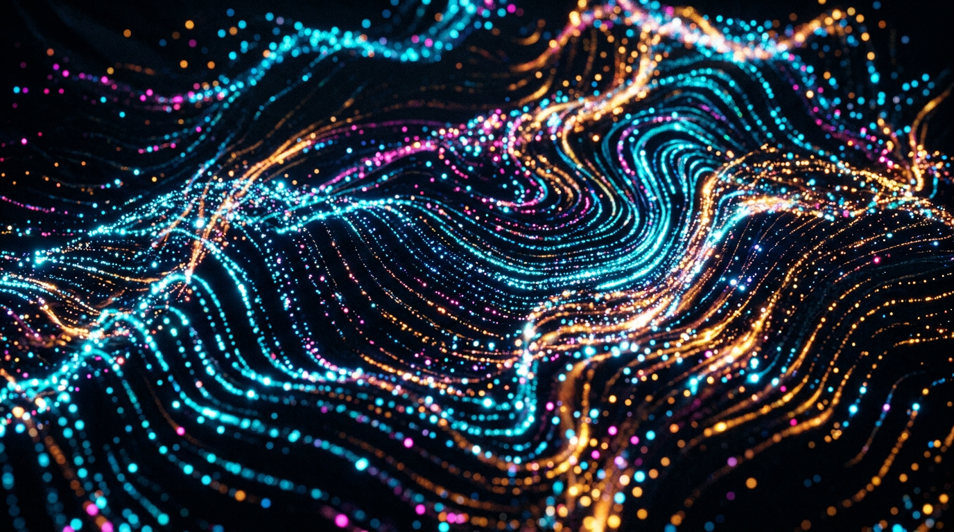 Close-up of vibrant digital particles dancing to sound waves on a dark background