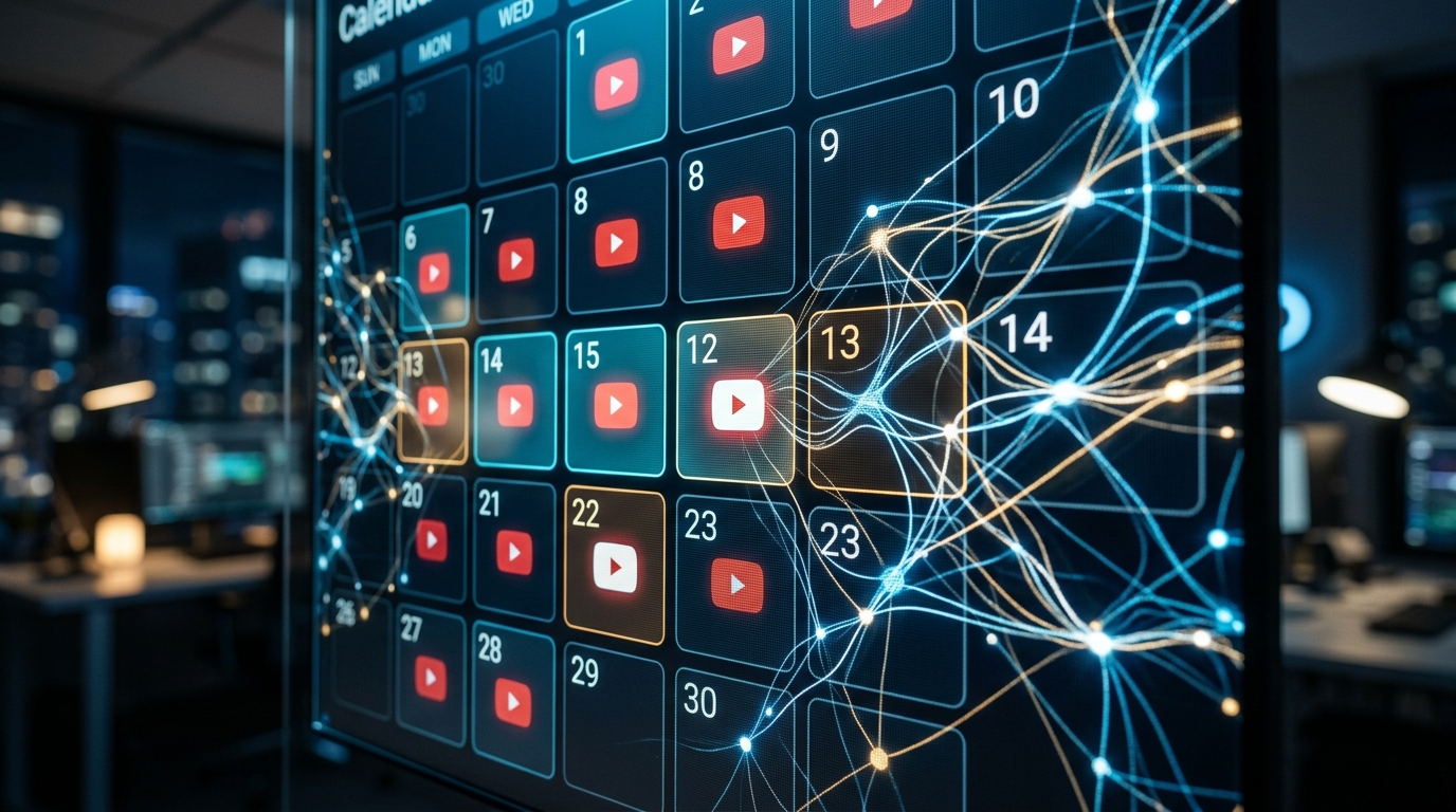 Close-up of a digital calendar with YouTube icons and AI neural network glowing lines.
