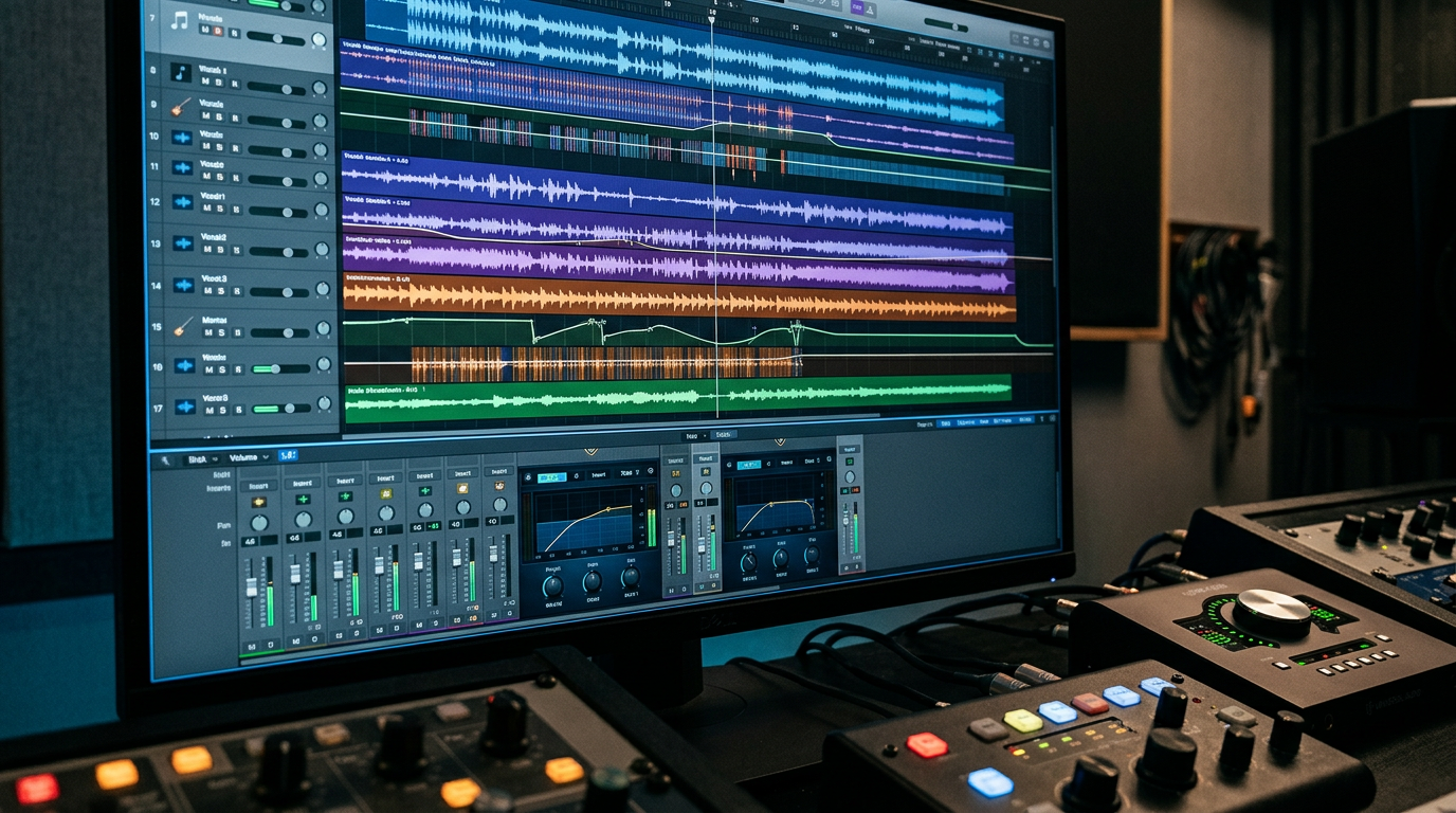 Detailed close-up of a digital audio workstation displaying complex sound wave patterns and layers.