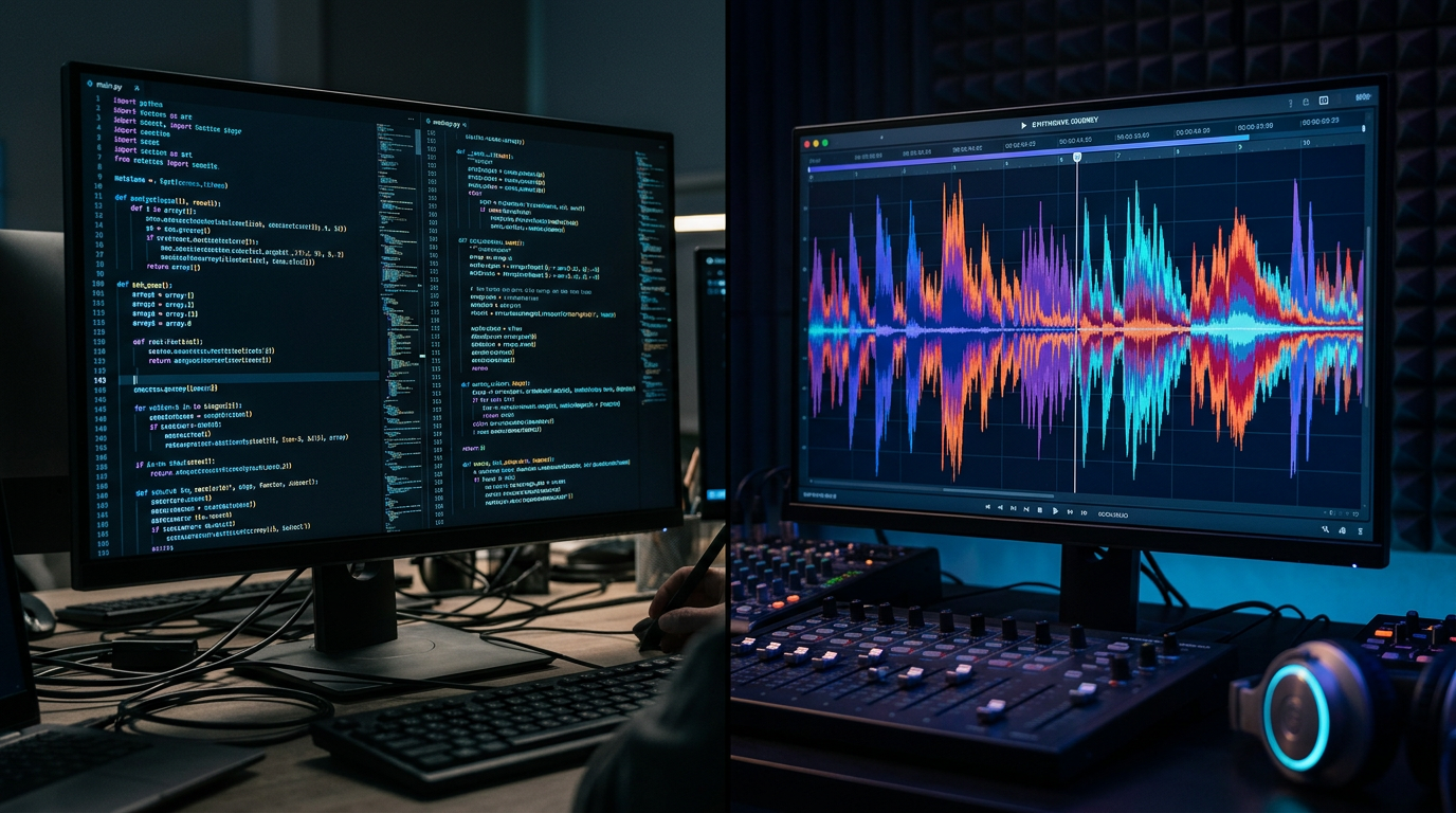 A split screen showing raw AI code transforming into a colorful, professional music wave pattern.