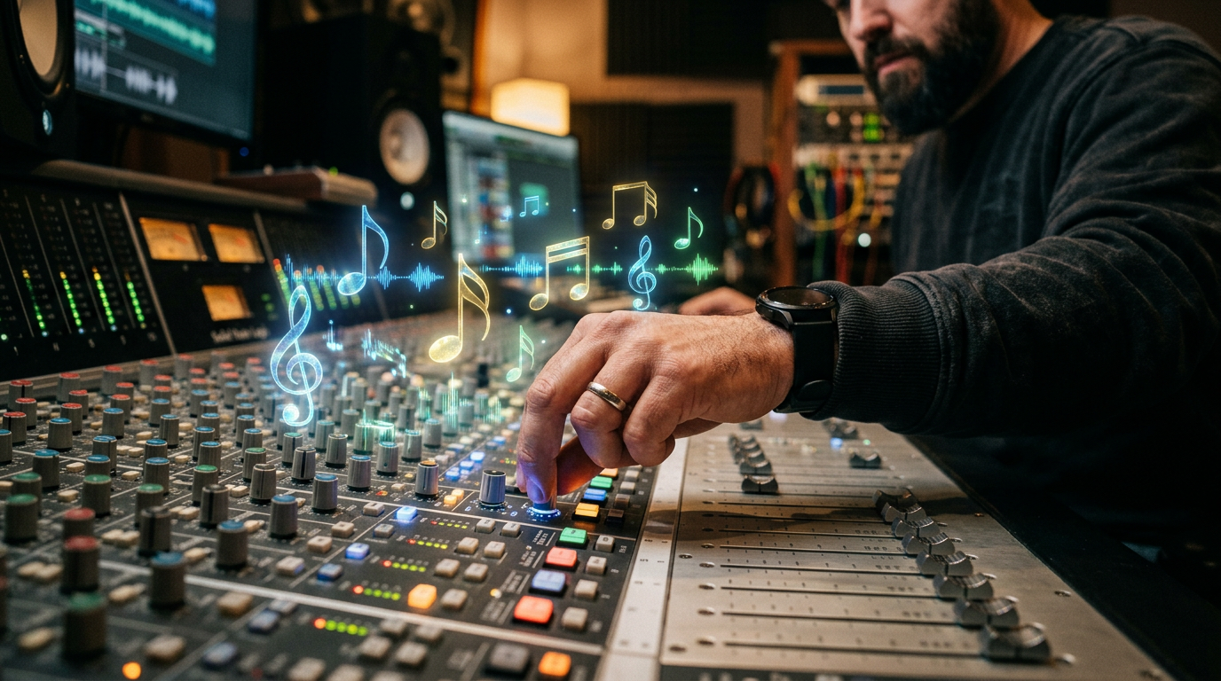 Close-up of a producer's hand adjusting a professional audio mixer with holographic music notes.