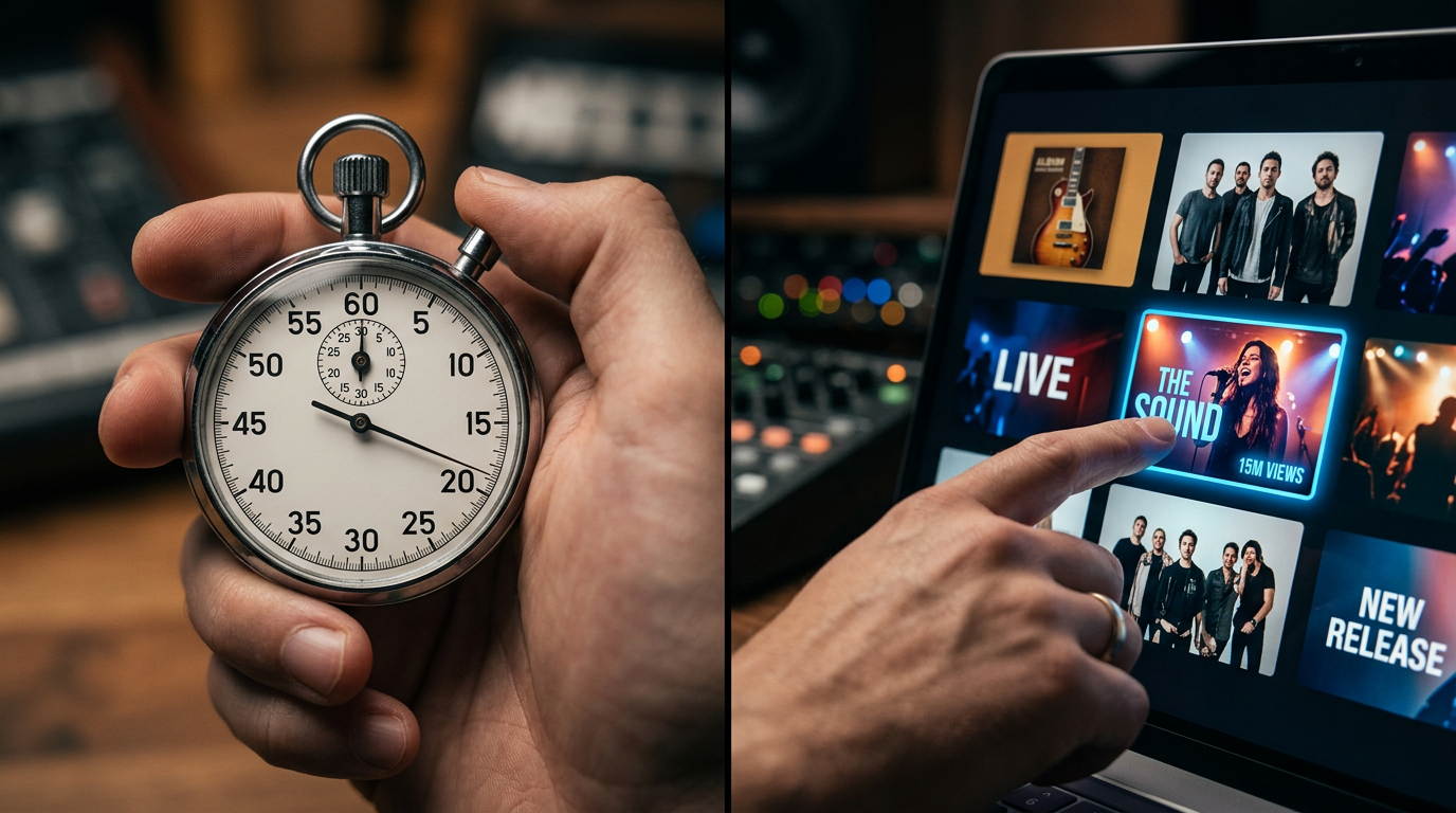A split screen showing a stopwatch and a hand selecting a high-CTR music thumbnail.