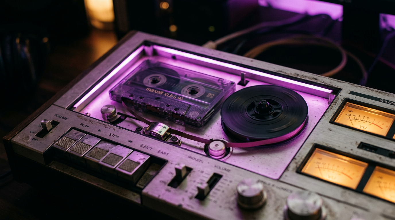 A close-up of a vintage cassette player spinning slowly with soft neon purple glowing lights.