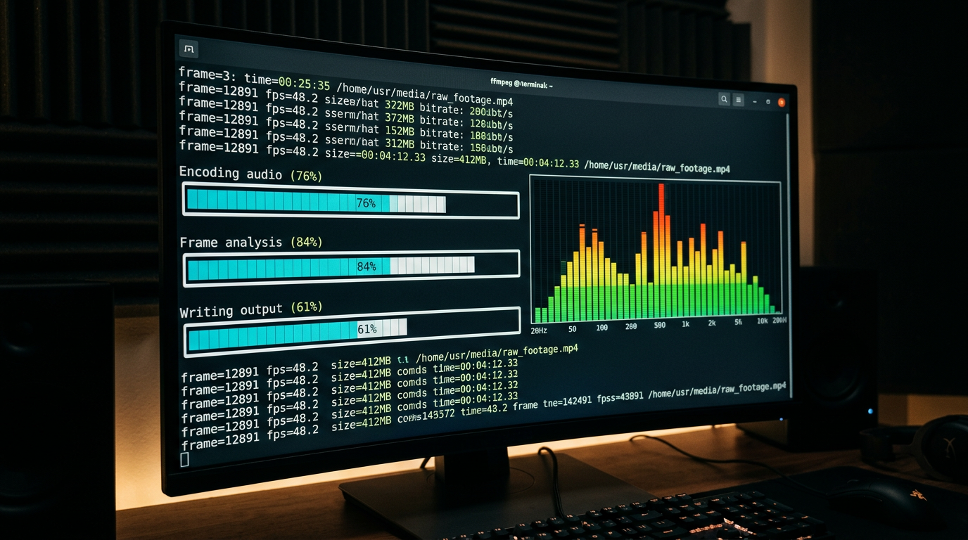 Sleek command line interface displaying FFmpeg progress bars and audio frequency data.