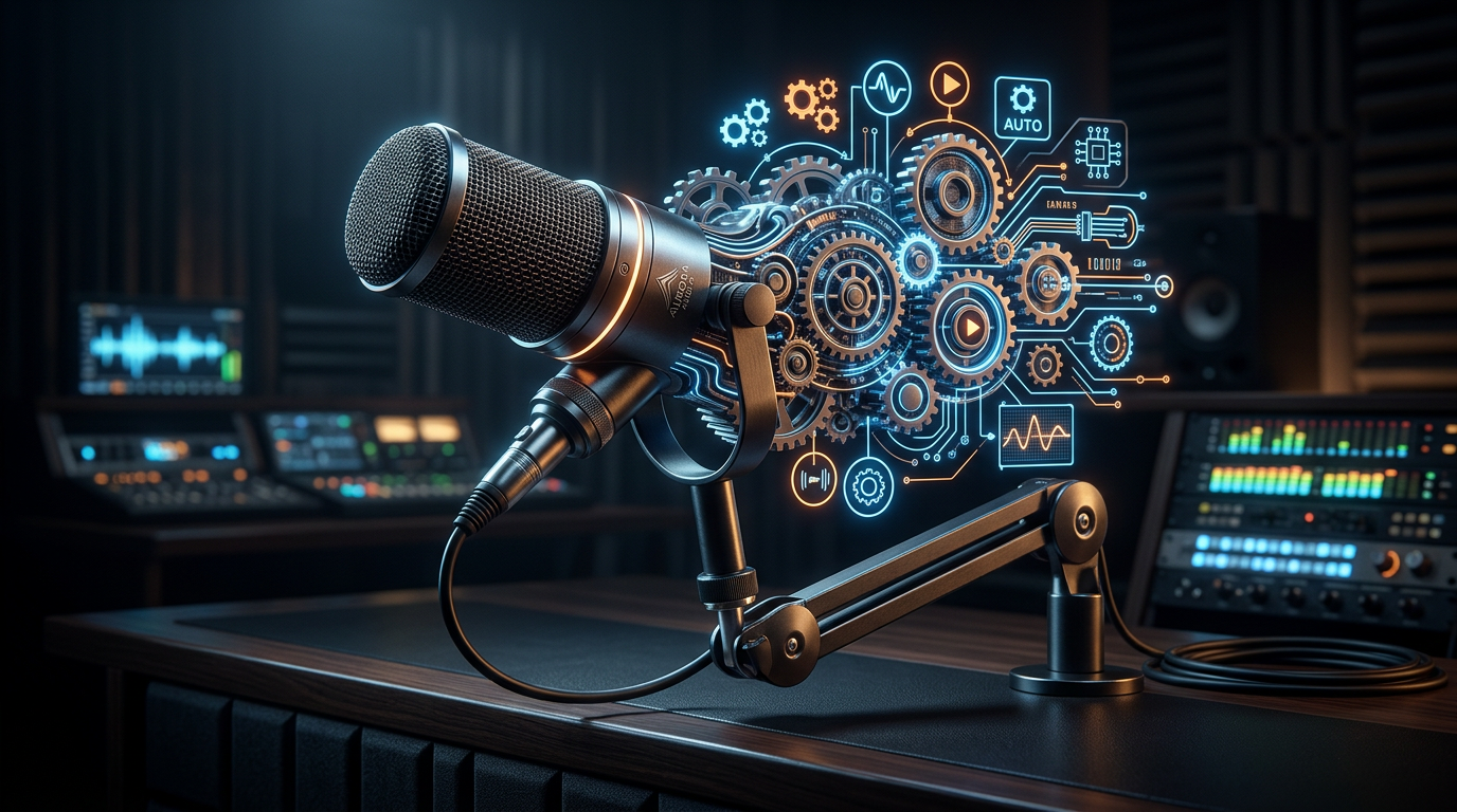 A sleek 3D render of a microphone merging with digital gear symbols representing automated production.