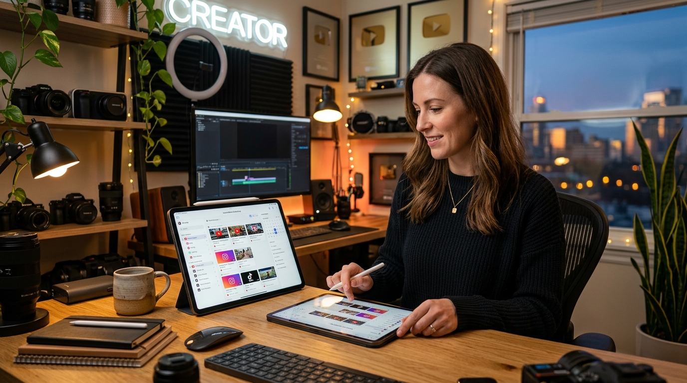 A professional content creator using a tablet to schedule videos for several different channels.