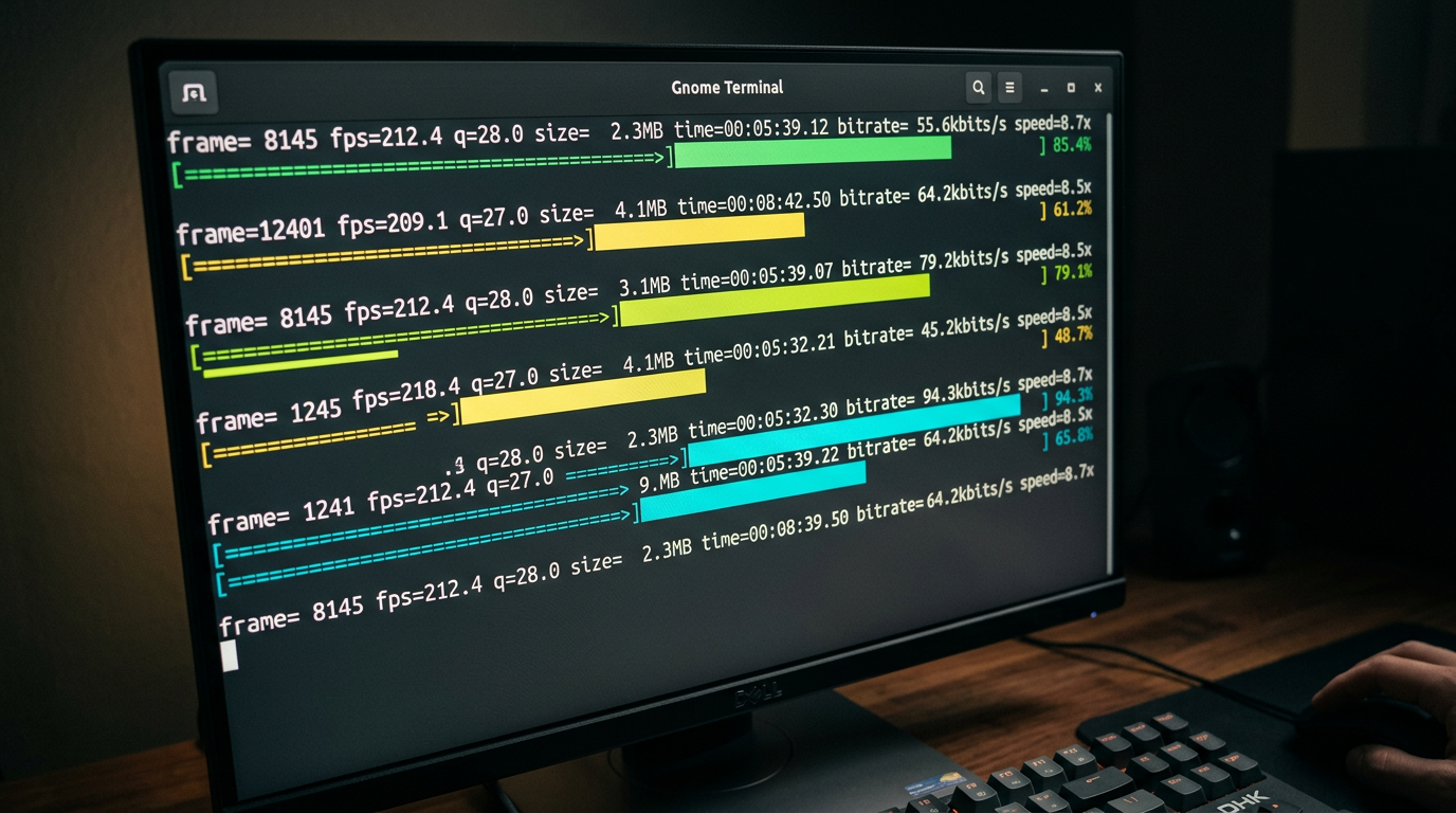 Close-up of a terminal window showing high-speed FFmpeg encoding progress bars filling simultaneously.