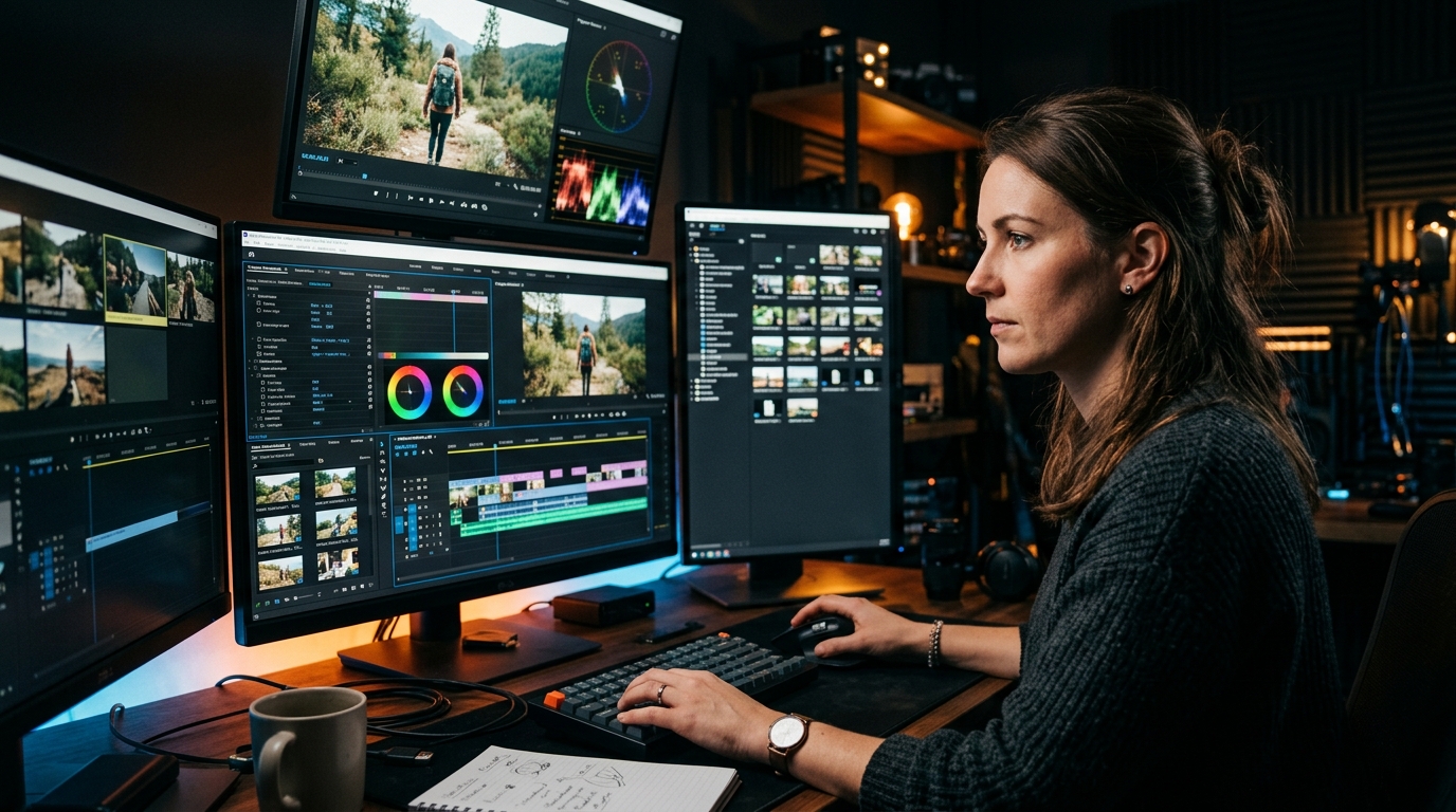 A close-up of a content creator editing video variants on a multi-monitor setup.