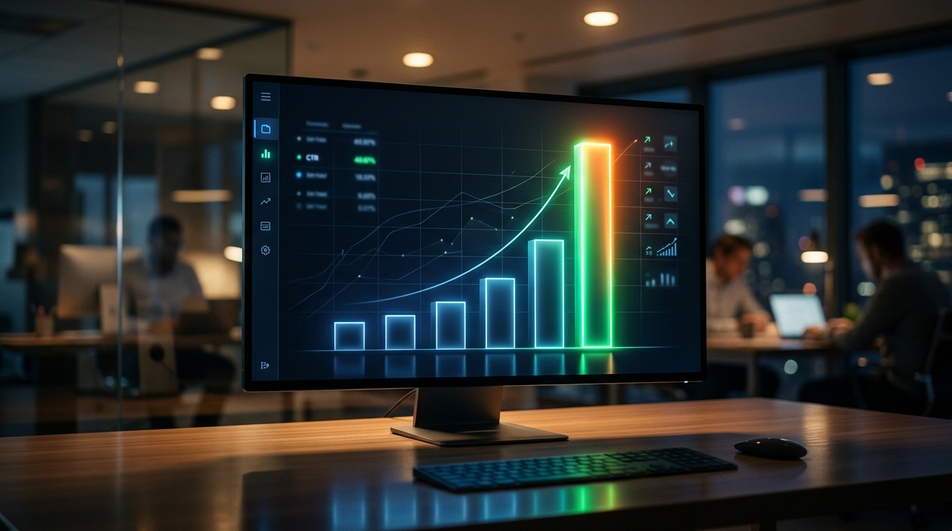 Digital dashboard showing a dramatic 400 percent increase in click-through rate on a bar graph.