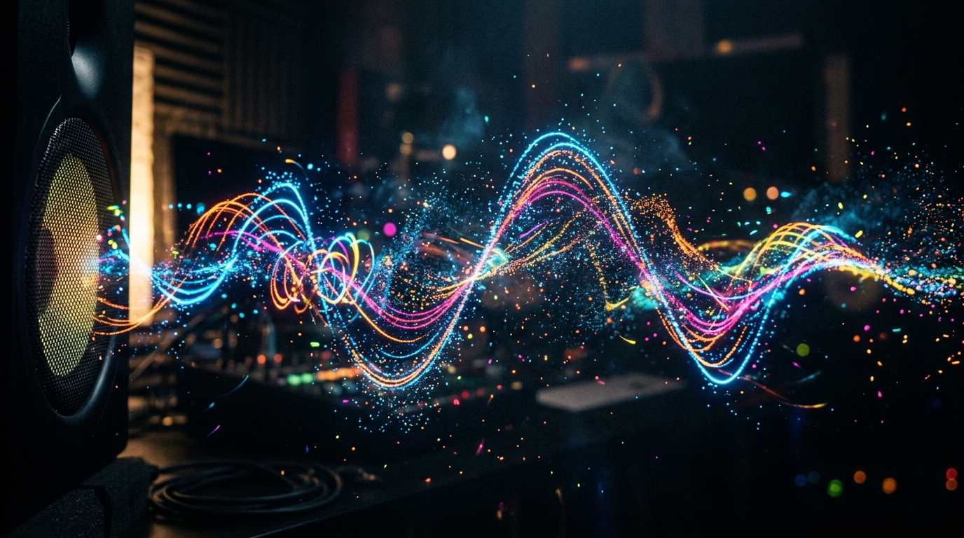 Detailed closeup of sound waves interacting with glowing neon particles in a dark studio setting.