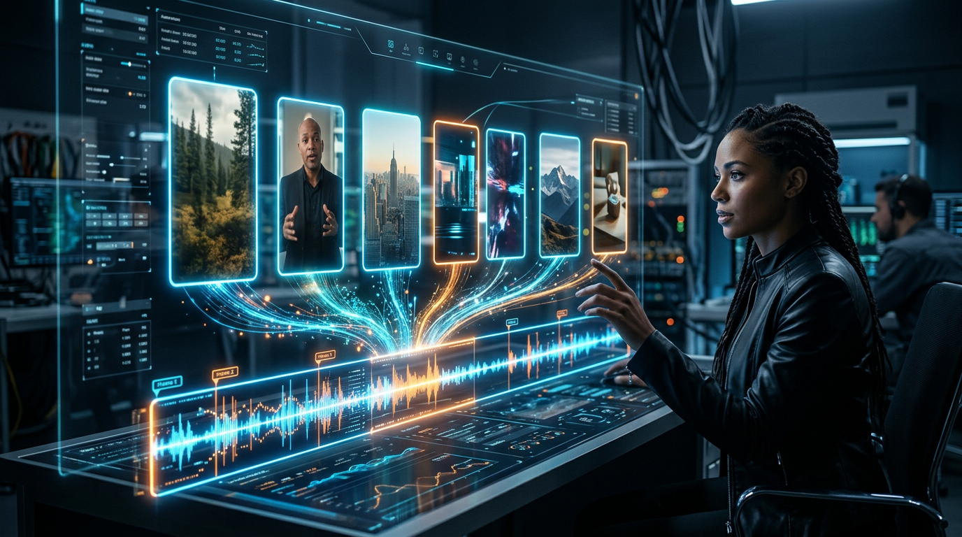 A futuristic AI interface transforming a long audio bar into multiple glowing vertical video frames.