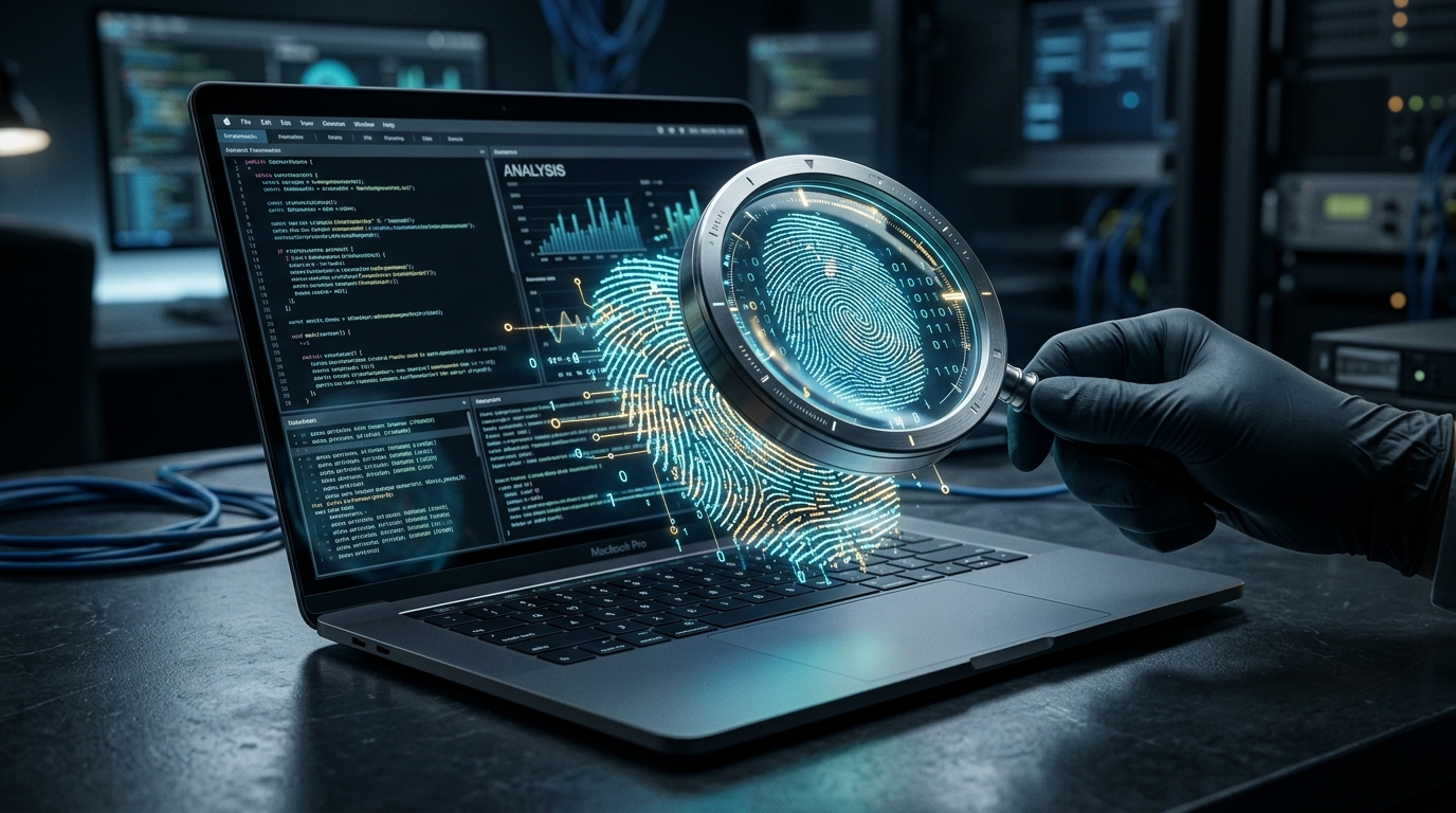 A conceptual illustration of a magnifying glass inspecting a unique digital fingerprint and a laptop.
