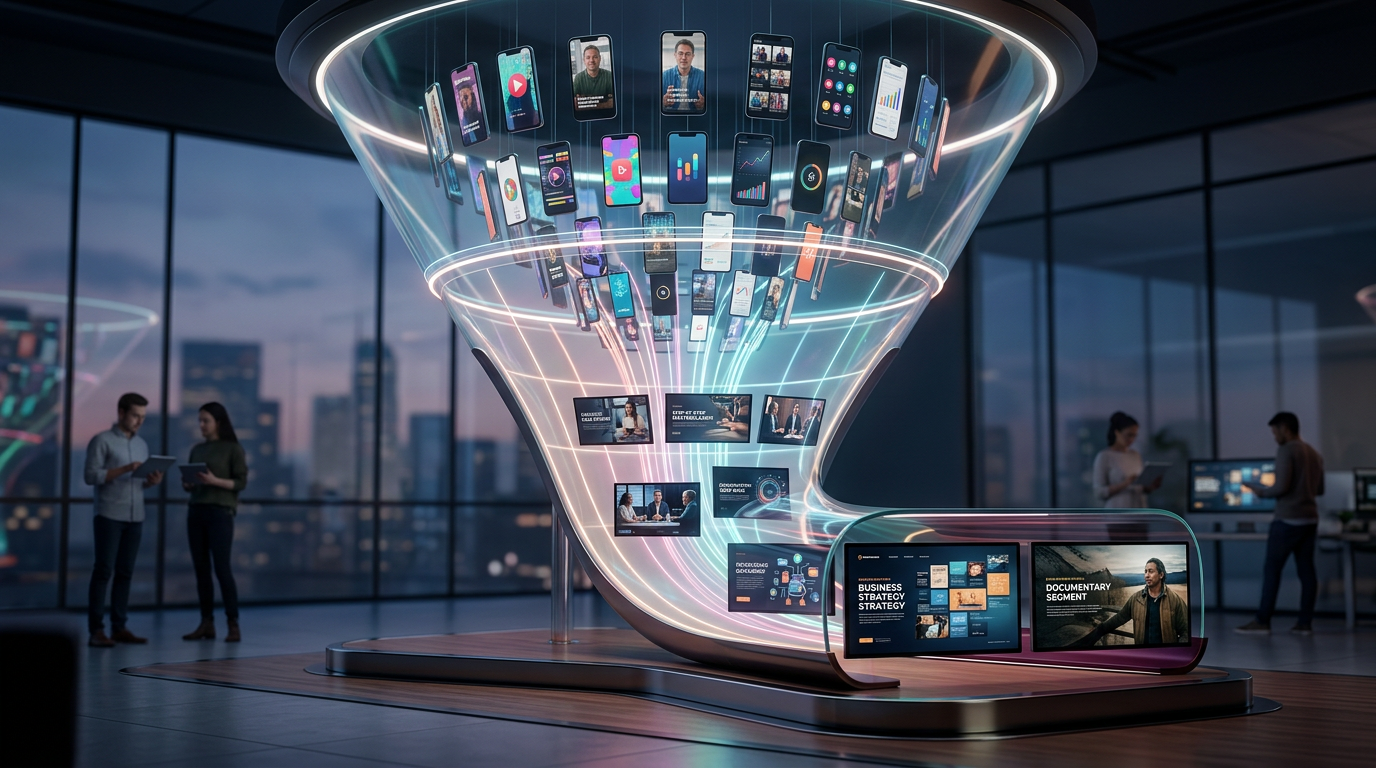 Infographic showing a digital funnel moving from vertical micro-content to horizontal high-value deep-dive videos.
