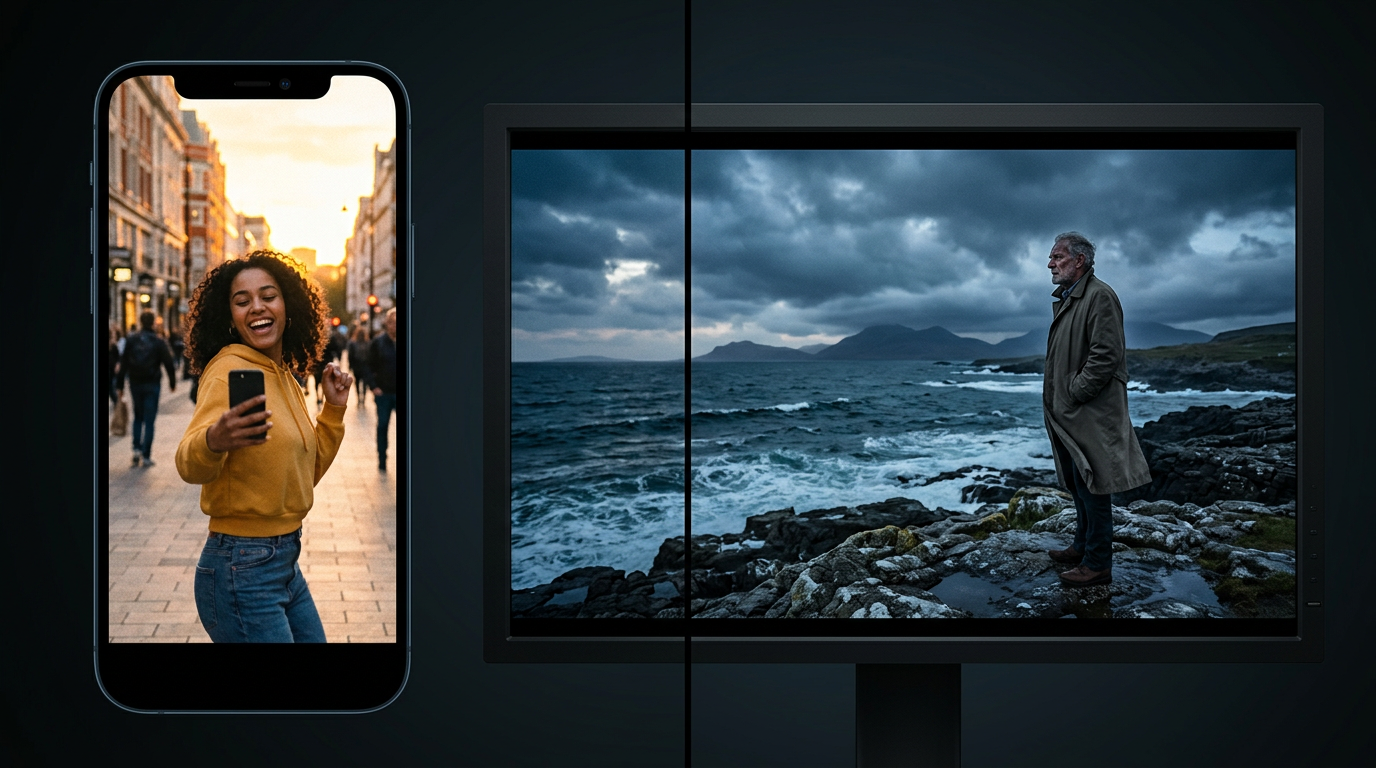 Conceptual split screen showing a vertical smartphone video next to a widescreen cinematic video.