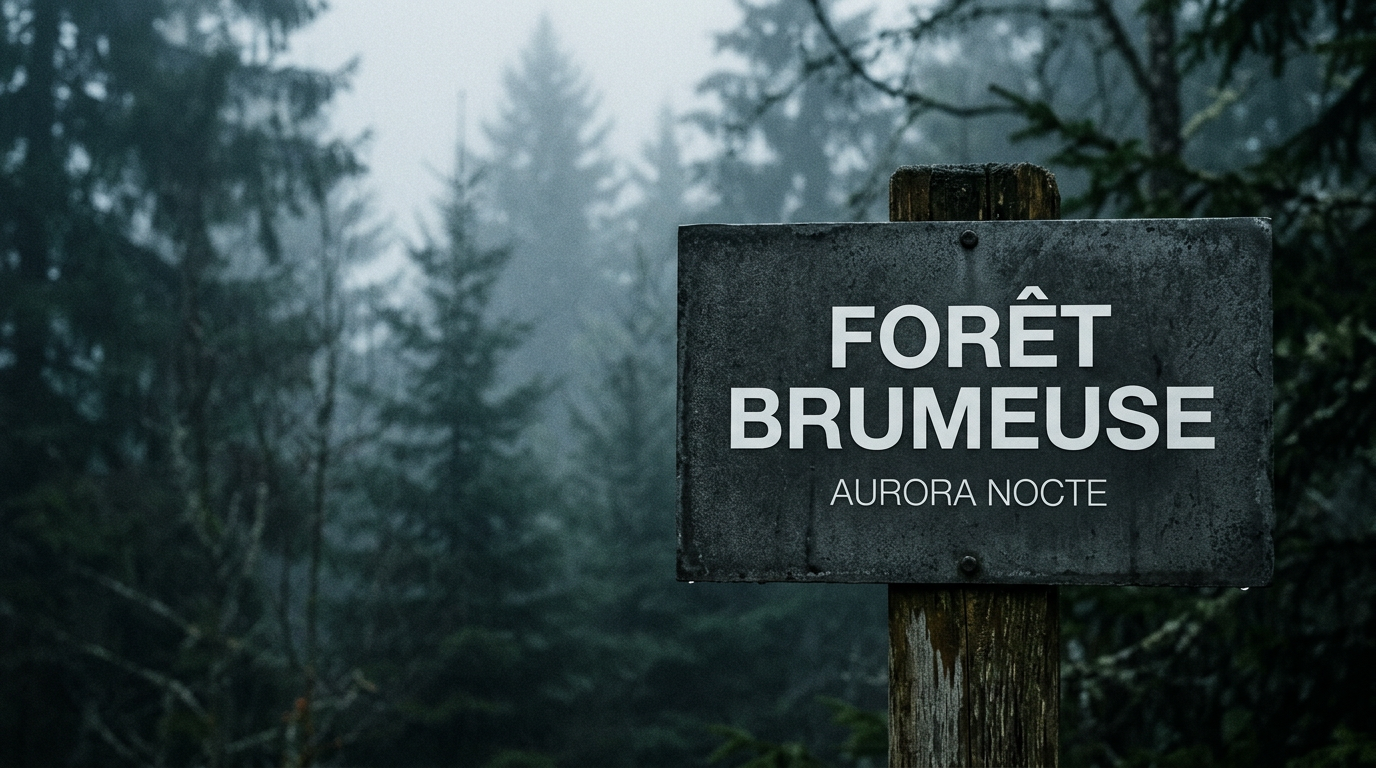 A close-up of minimalist Swiss-style typography on a grainy atmospheric background of a foggy forest.