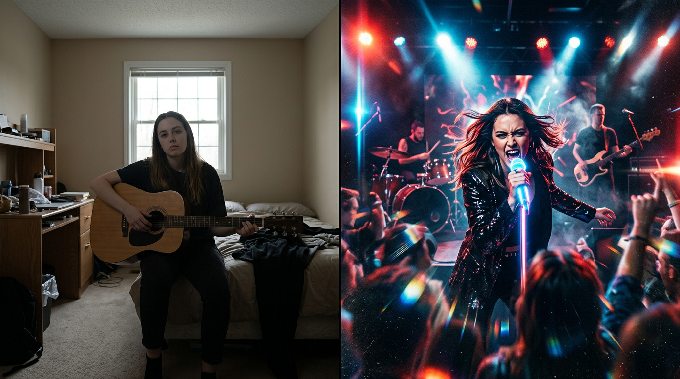 A split-screen comparison showing a boring shot versus a dynamically edited music video frame.