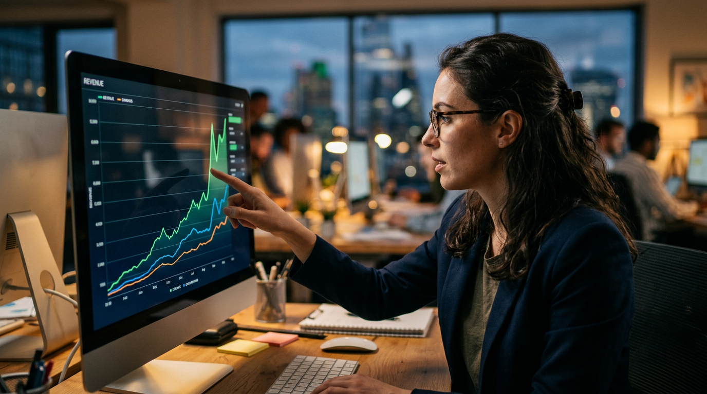 Close-up of a digital marketer analyzing a revenue chart showing a massive spike in earnings.