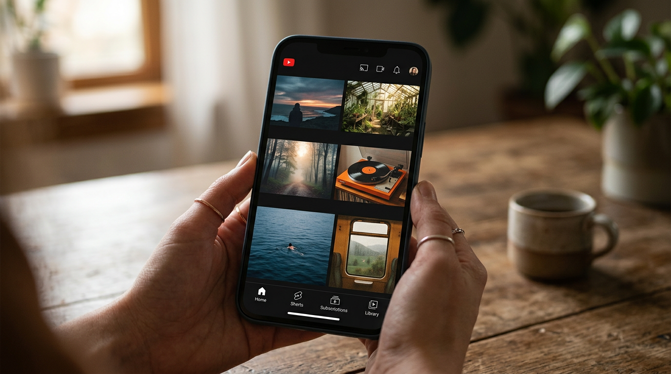 A smartphone screen displaying a YouTube feed filled with aesthetic, text-free music video thumbnails.