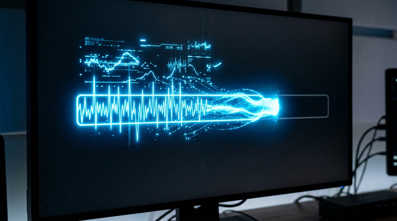 A close-up of a high-speed rendering progress bar with glowing blue neon digital waveforms.