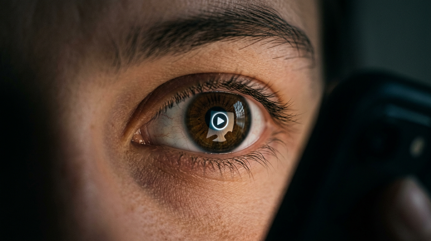 A close-up of a human eye reflecting a digital play button on a glowing smartphone screen.