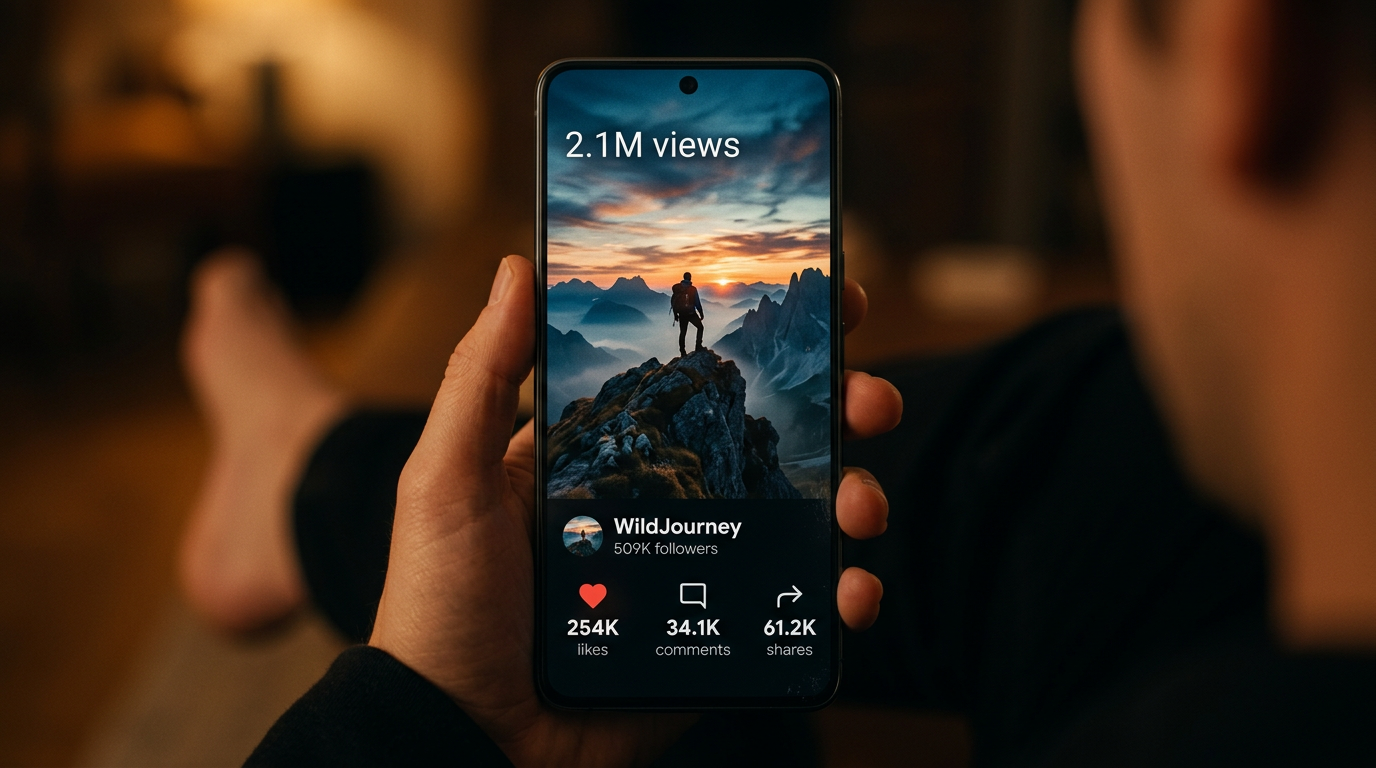 Detailed close-up of a smartphone screen showing a viral cinematic video with high engagement.