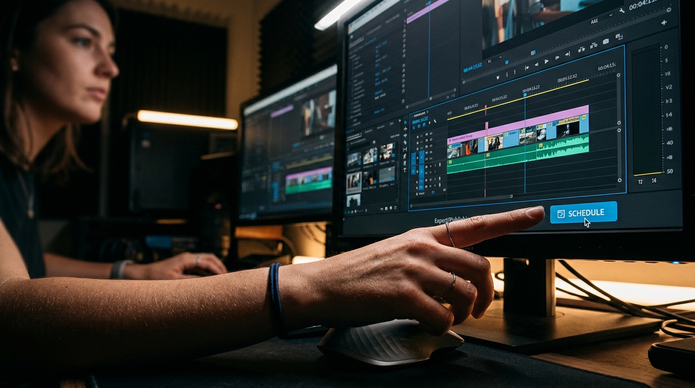 Close up of a content creator's hand clicking 'Schedule' on a professional video editing interface.