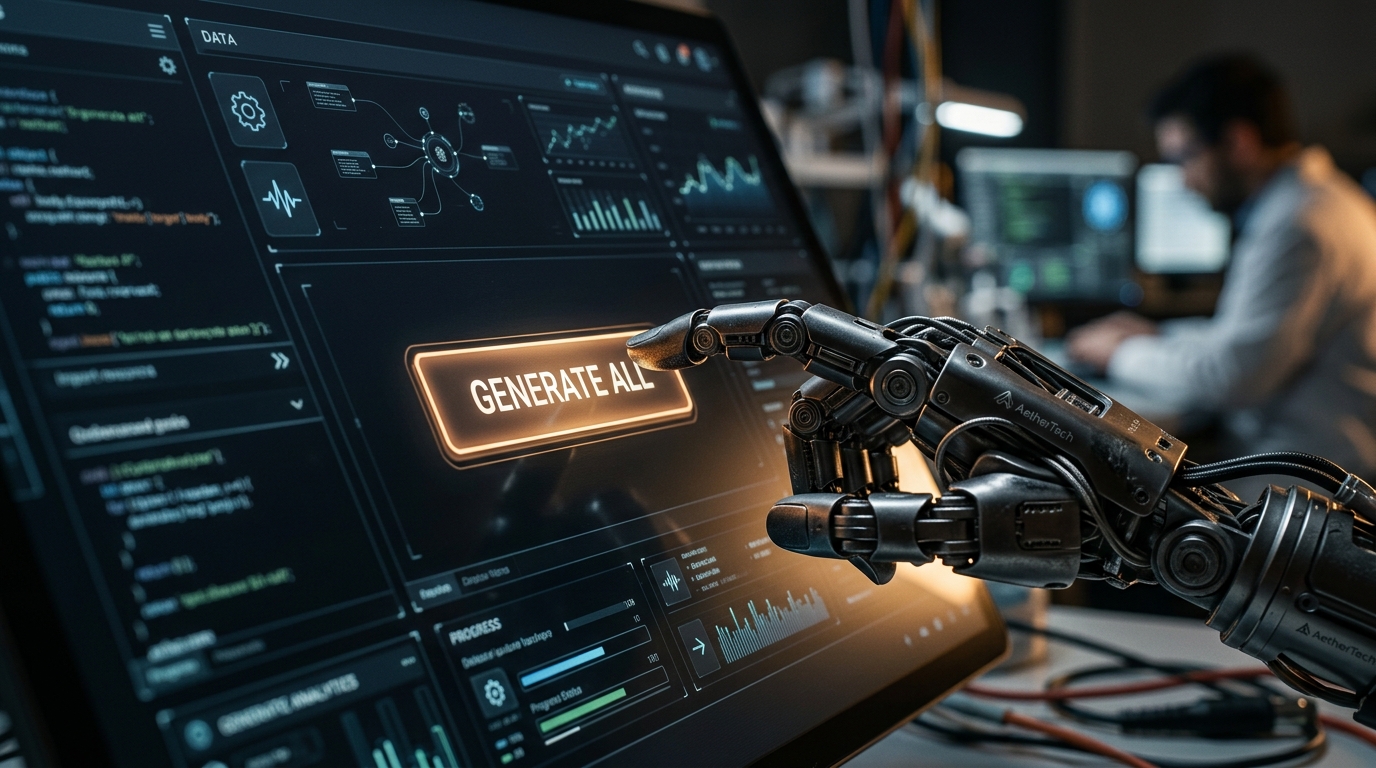 Close-up of a robotic hand clicking a 'Generate All' button on a high-tech software interface.