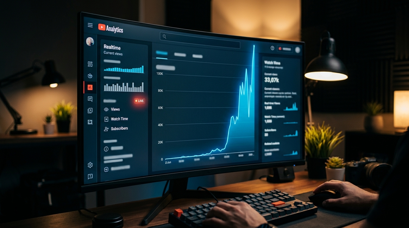 A close-up of a YouTube Analytics dashboard showing a massive upward spike in real-time views.