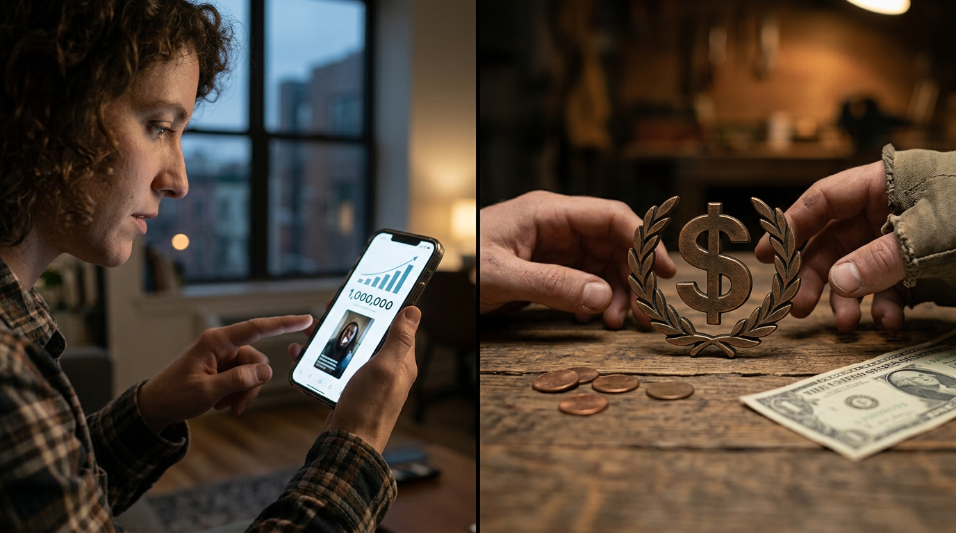 A split screen comparing a million Shorts views to a very small dollar amount icon.