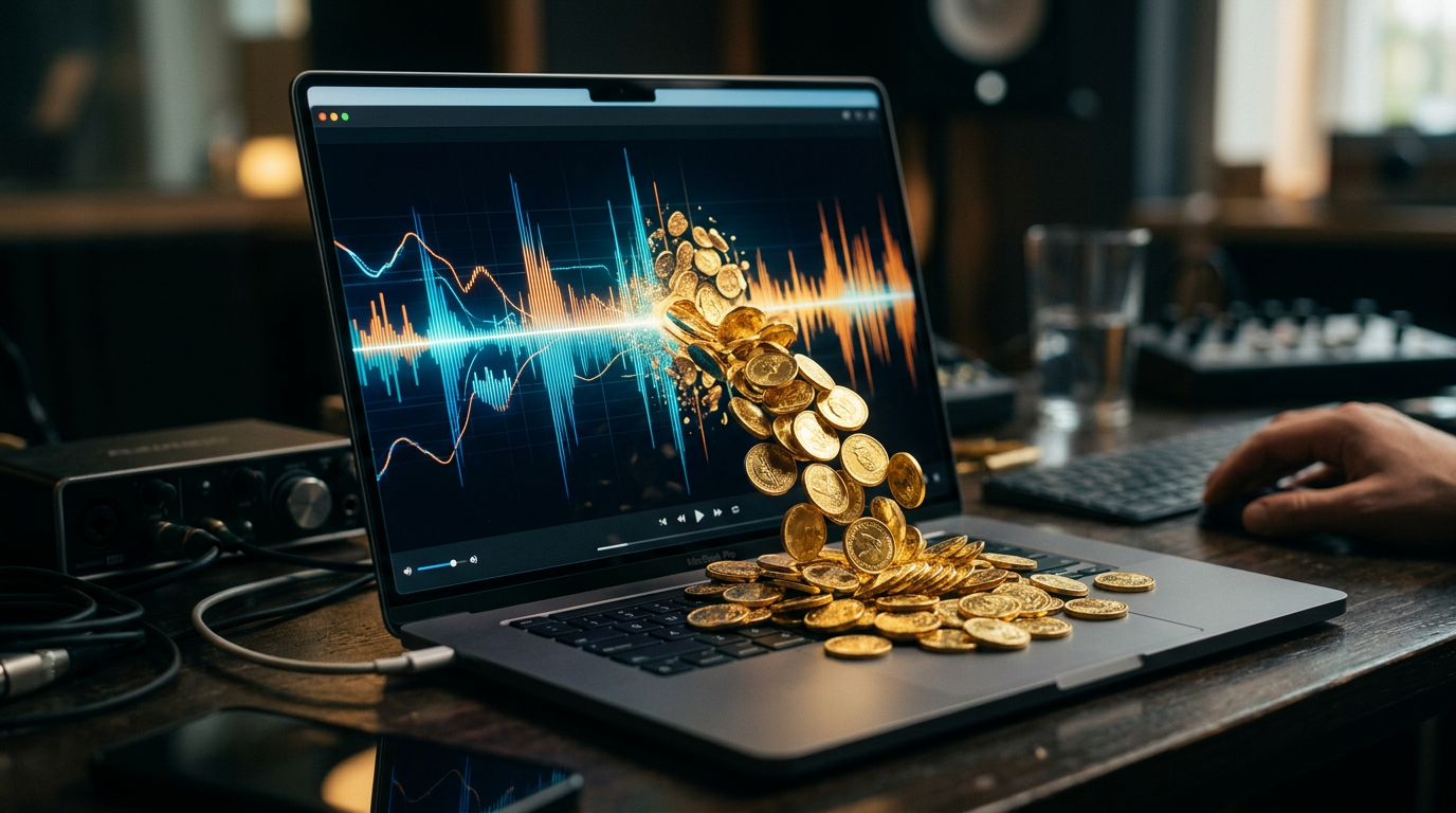 Close-up of a digital waveform visualization transforming into gold coins on a laptop screen.
