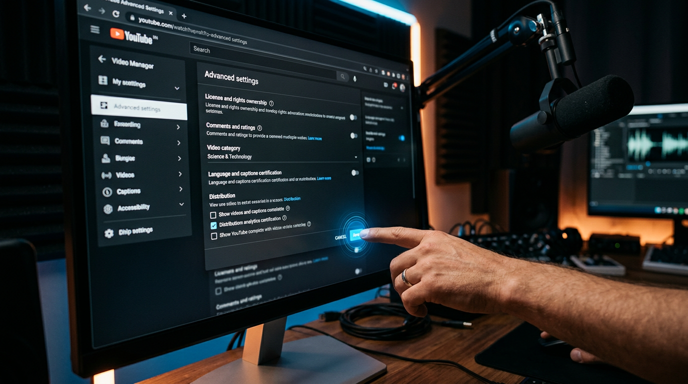 Hand clicking a 'Save' button on a YouTube advanced settings interface digital overlay.