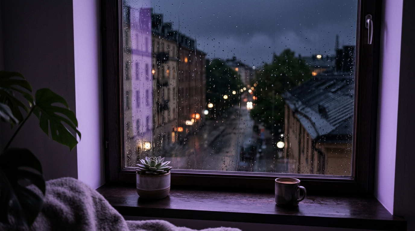 A minimalist lo-fi aesthetic bedroom window view with rain drops and soft purple lighting.