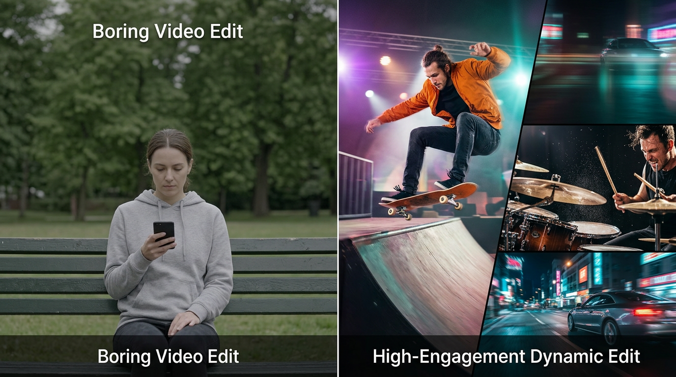 A split screen showing a boring video edit versus a high-engagement dynamic edit.