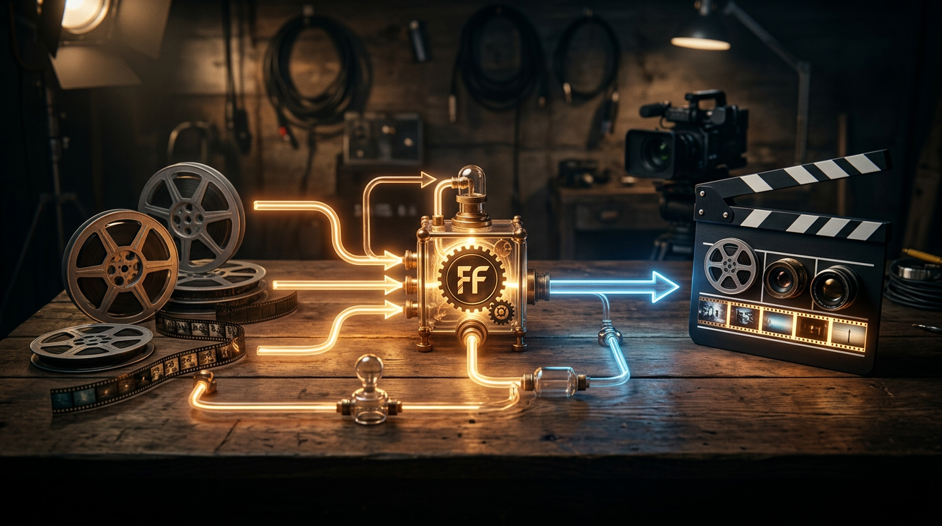 A simple flowchart illustrating video clips being processed into a final video via FFmpeg.