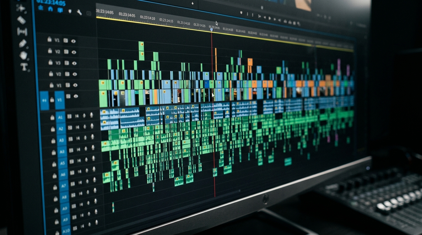 A close-up of a video editing timeline with high-frequency cuts and sound effects layers.
