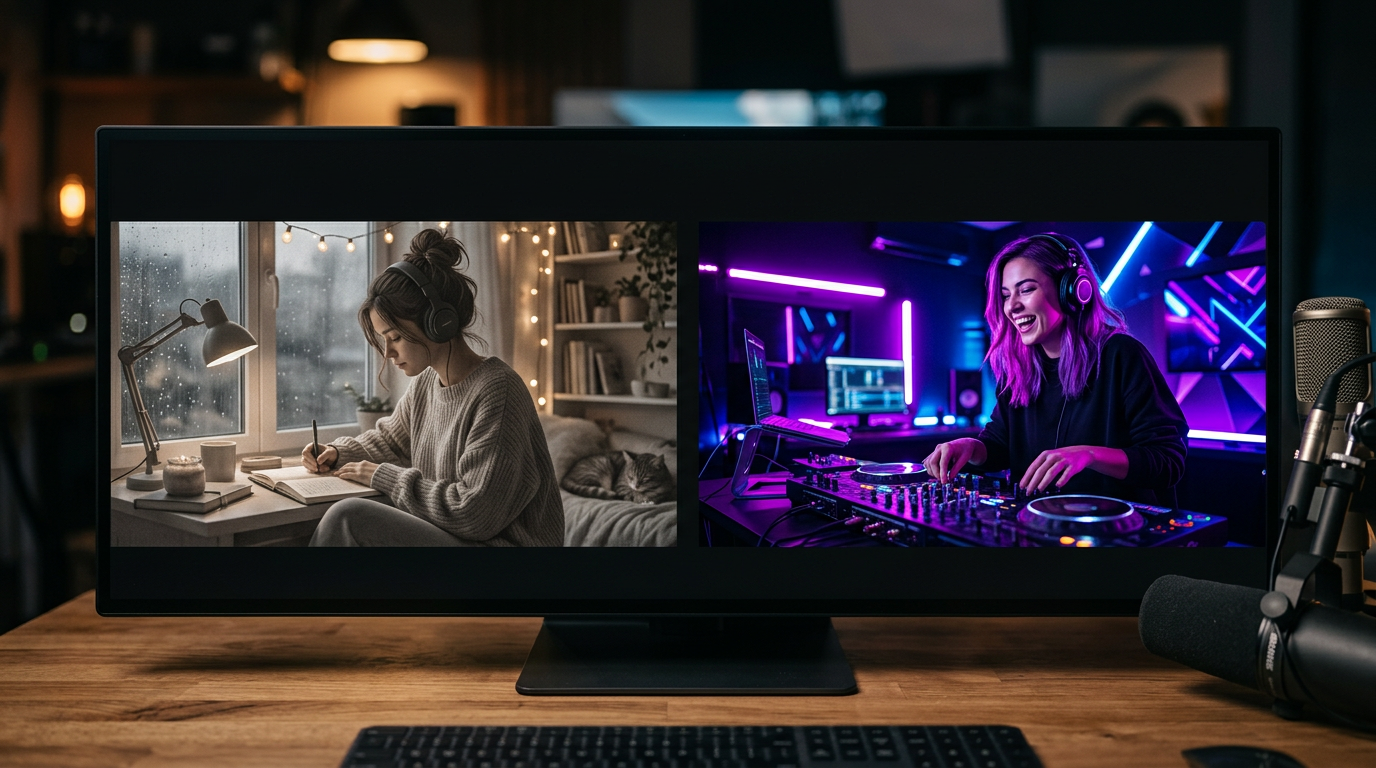 Side-by-side comparison of a gray lofi thumbnail versus a high-contrast neon purple thumbnail.