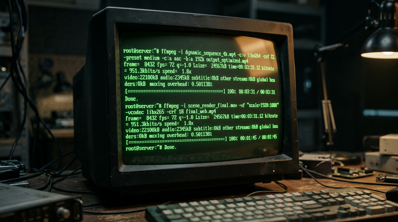 Close-up of a computer terminal screen displaying successful FFmpeg command lines and green status bars.