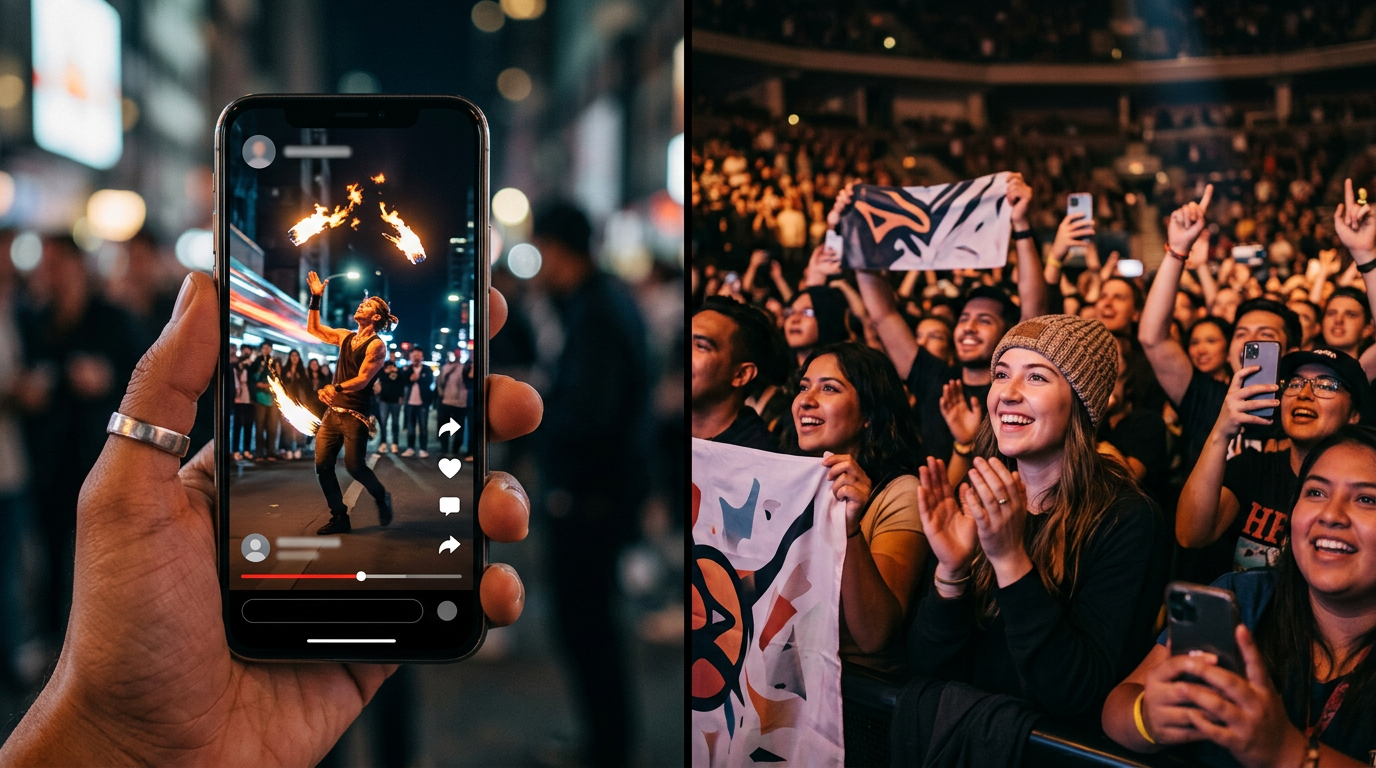 A split-screen graphic showing a viral Short on the left and a dedicated fan base.