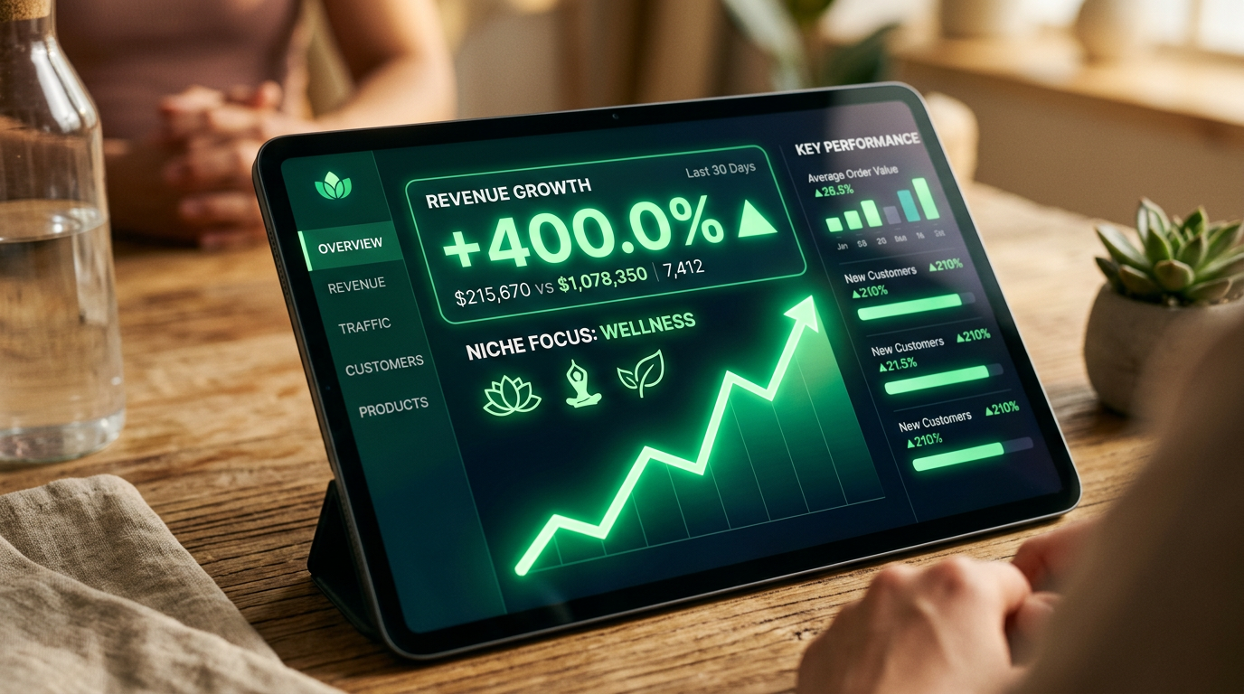 Close-up of a digital dashboard showing a 400 percent revenue increase in the wellness niche.