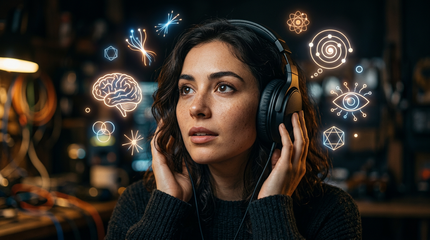 Close up of a person wearing headphones looking captivated with glowing psychological symbols nearby.