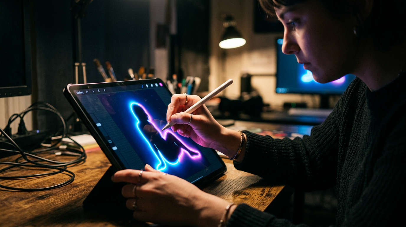 Close-up of a digital artist adding a neon stroke around a person's silhouette on screen.